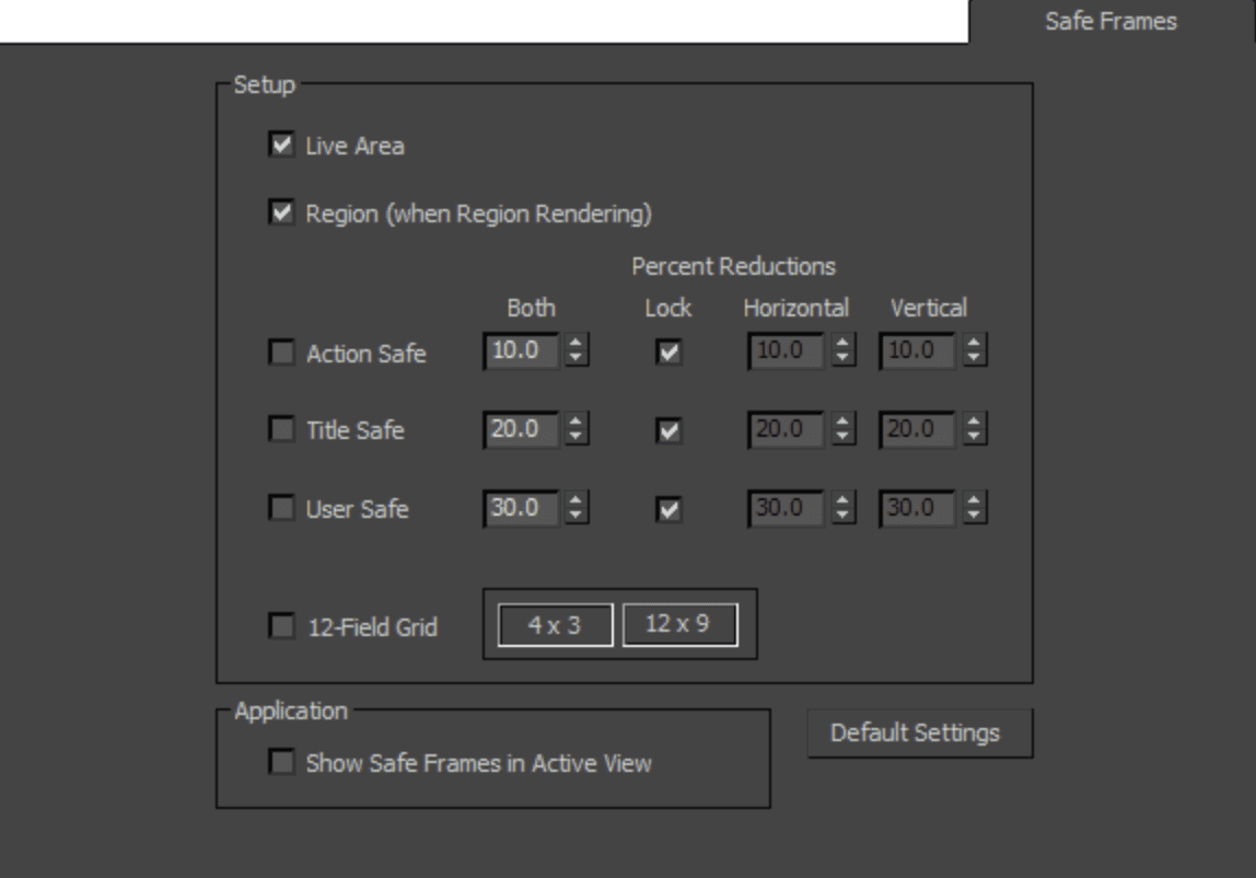 3ds Max Safe Frames settings panel showing live area, action safe, title safe, and viewport display options.