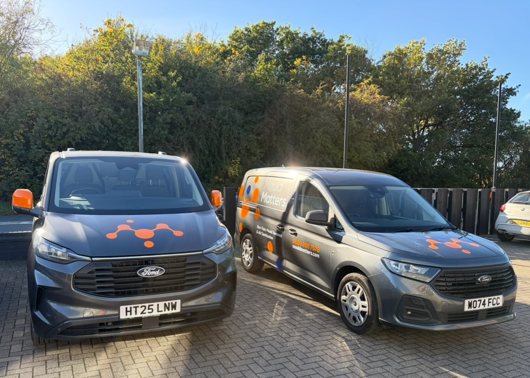 Mould Matters branded vans parked outside a property