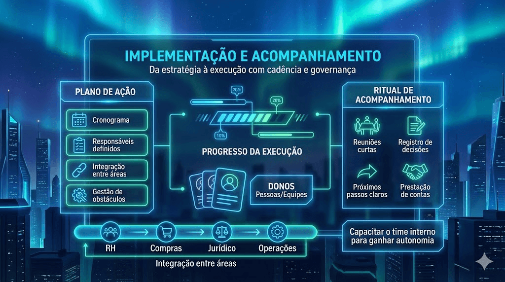 Dashboard holográfico de implementação ESG com cronograma, plano de ação e indicadores de progresso.