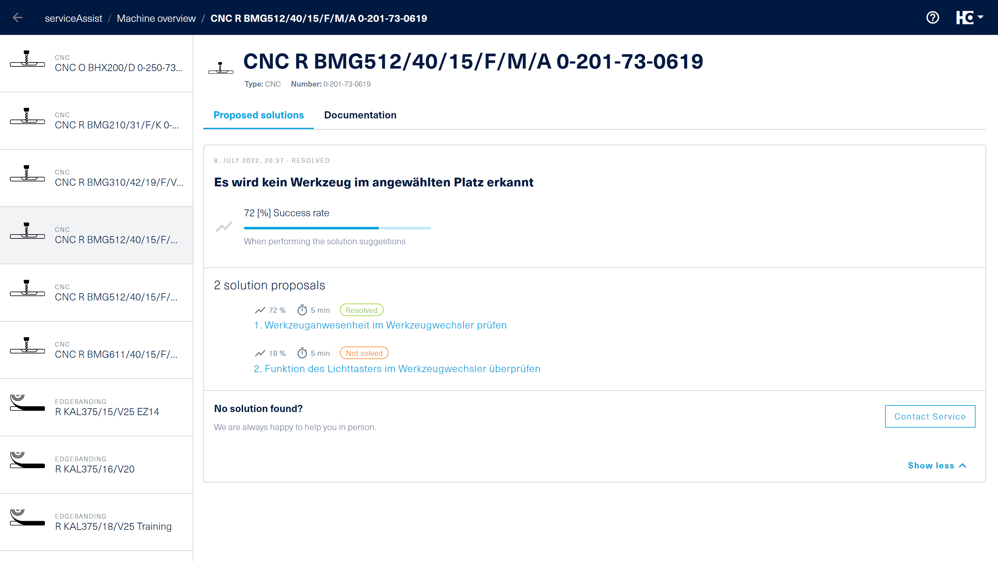 Screenshot aus dem HOMAG ServiceAssist der Maschinenübersicht