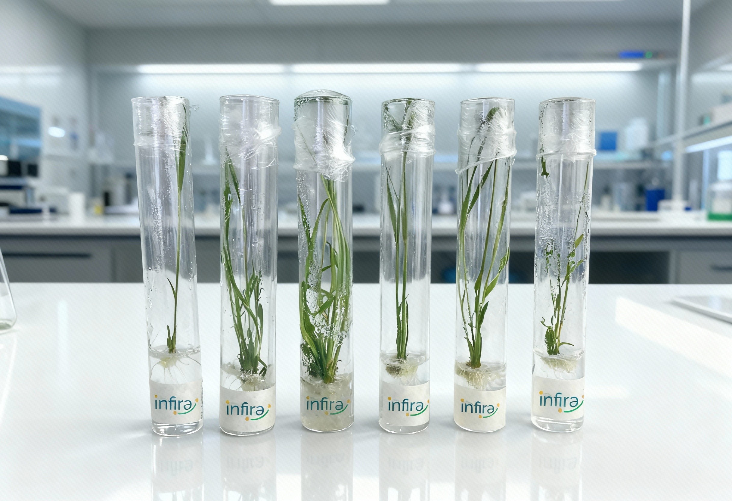 Six transparent test tubes stand upright, each encasing a green plant stem rooted in a gel-like substance.