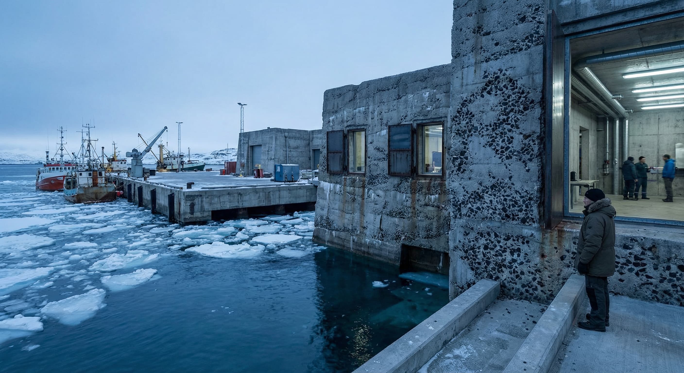 Modern concrete waterfront building with a pool and marina at dusk