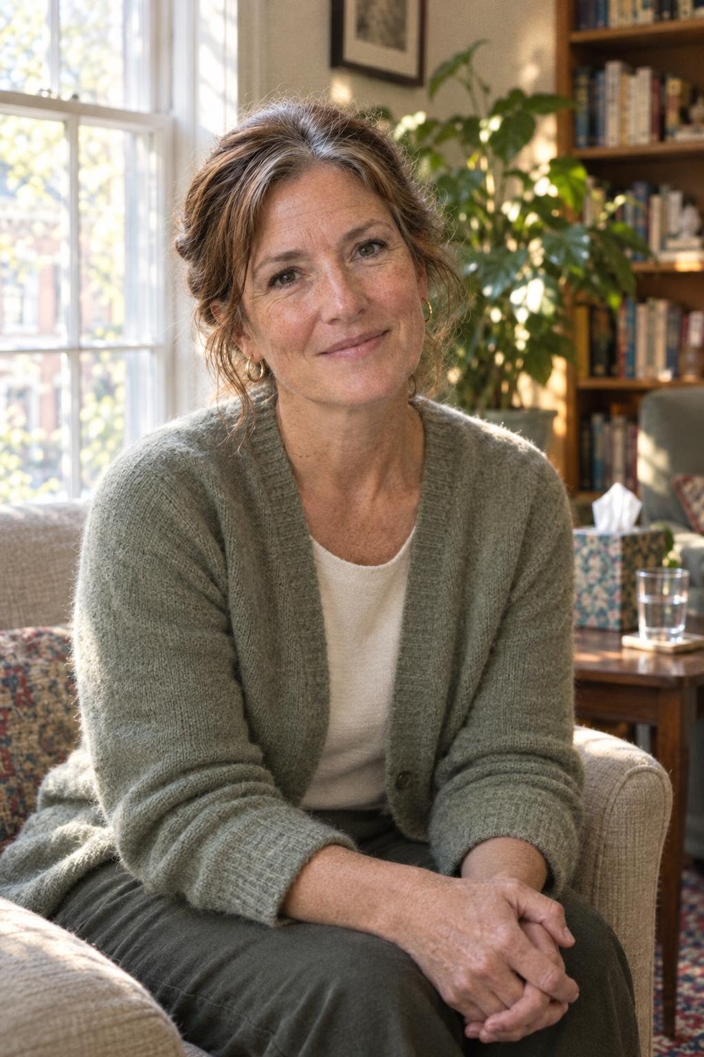 Hazel Calloway smiling in an armchair in her sunlit office