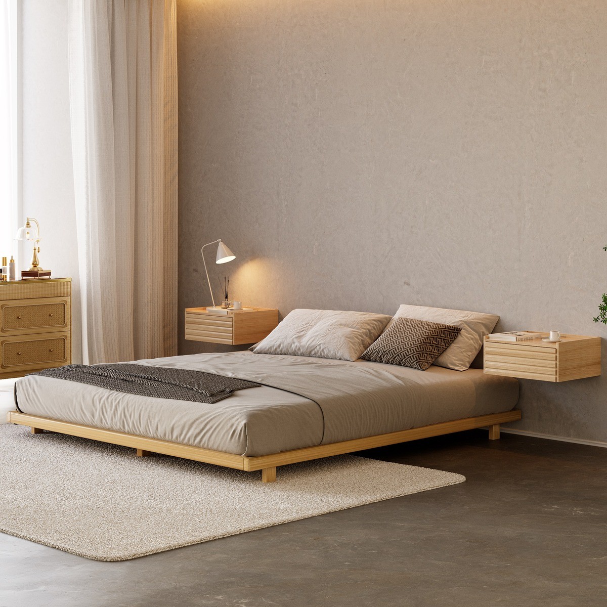 Japanese Style queen low-floor bed with wall-mounted nightstands in neutral-colored room.