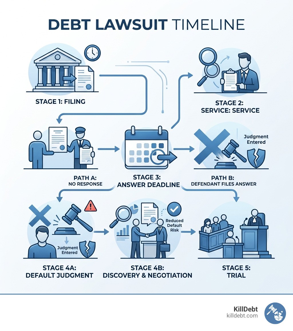 Debt lawsuit timeline showing filing, service, answer deadline, default judgment, and trial stages - predict debt lawsuit