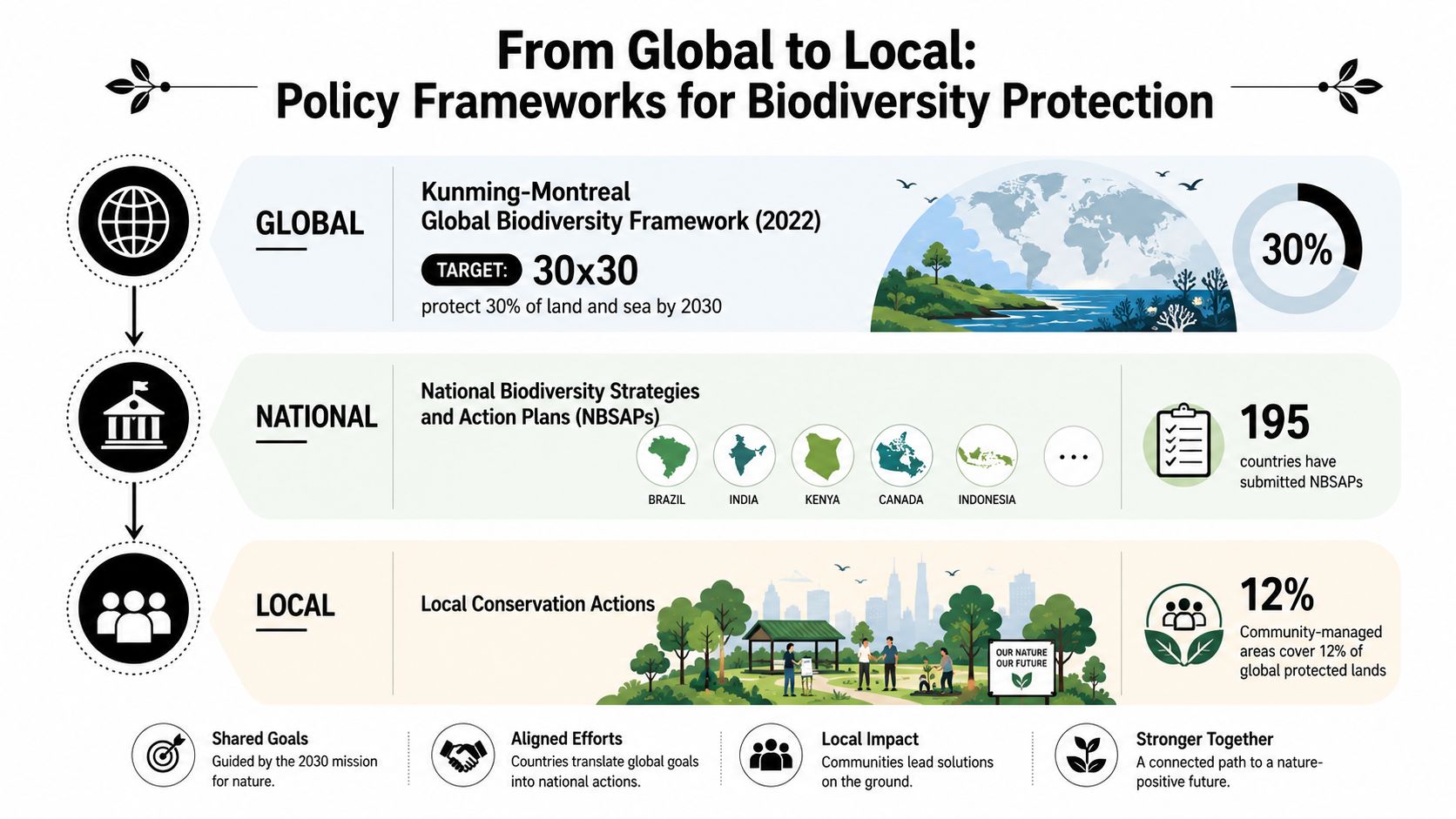 An infographic showing the hierarchical structure of biodiversity protection from global frameworks to local community actions.