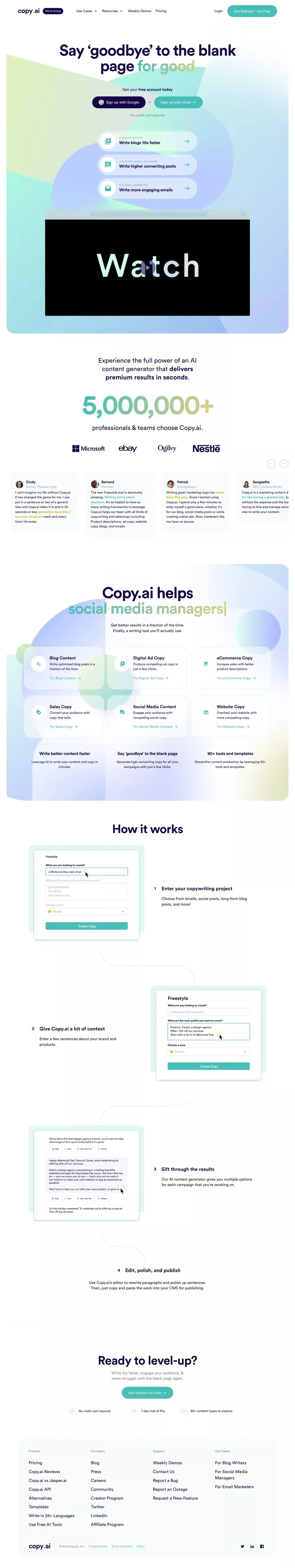 Copy.ai: Write better marketing copy and landing page screenshot showcasing Tech and Marketing design