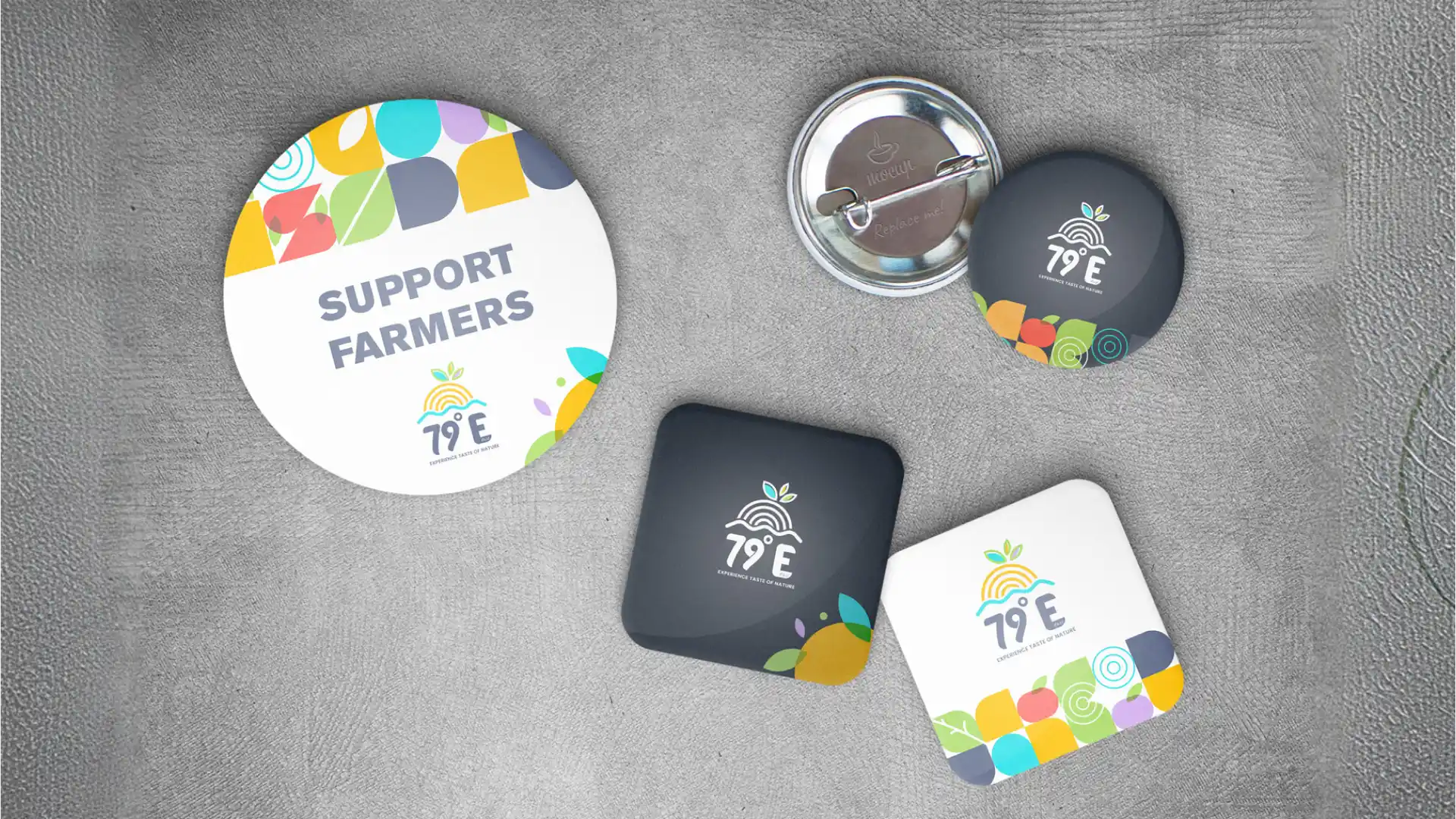 79e Support Farmers branded badges and coasters collateral design