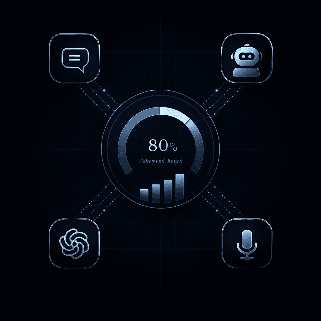 Flow diagram of AI engines feeding data streams into central share-of-voice dashboard gauge