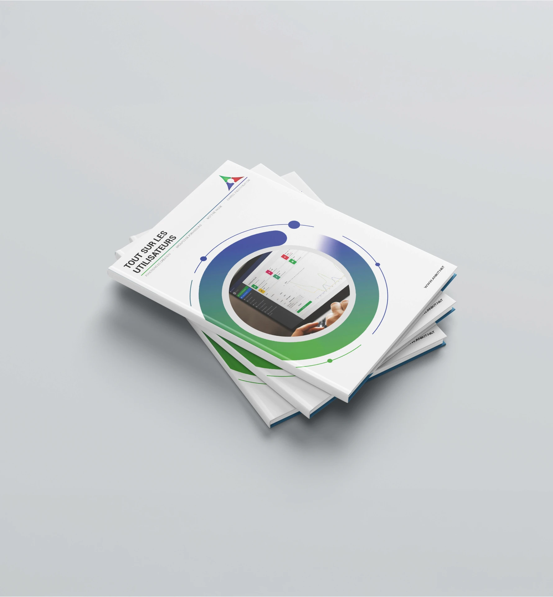 Mockup pile de guides utilisateur AniKit en format portrait — couverture et tranches bleues visibles, collection de livrets thématiques onboarding pour environnement industriel, Tartelette Concept