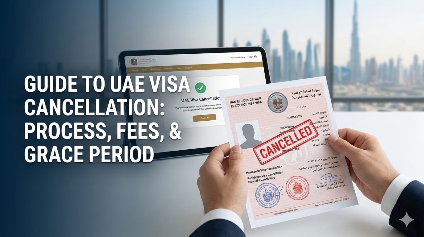 A person holds a cancelled UAE Residence Visa with a large red cancelled stamp.