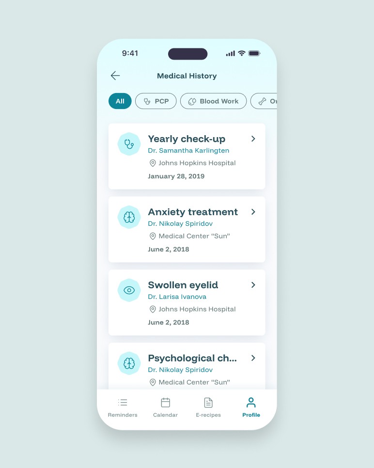 UI screens design for medical history