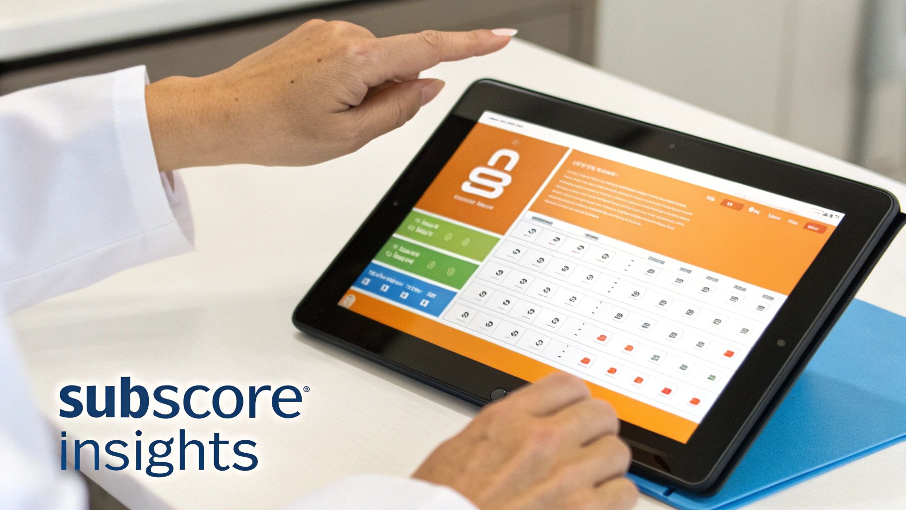 A professional's hands using a tablet displaying a medical scoring interface for patient insights.