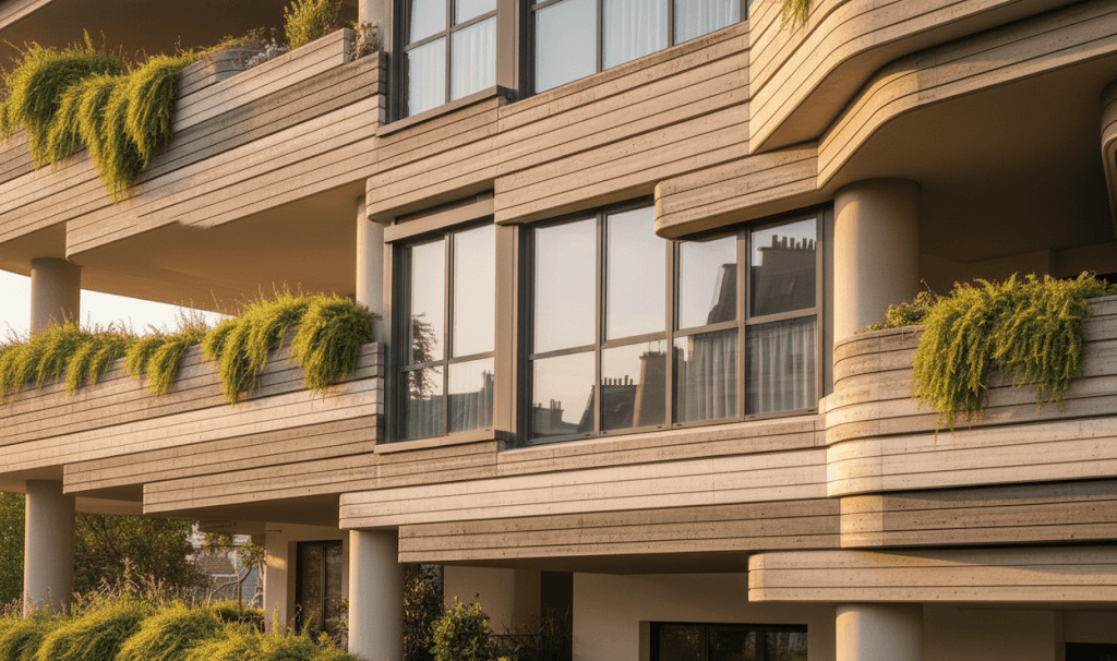 View of a Net Zero office building, sustainable and eco-friendly, featuring renewable energy and high-performance urban design, powered by Newable