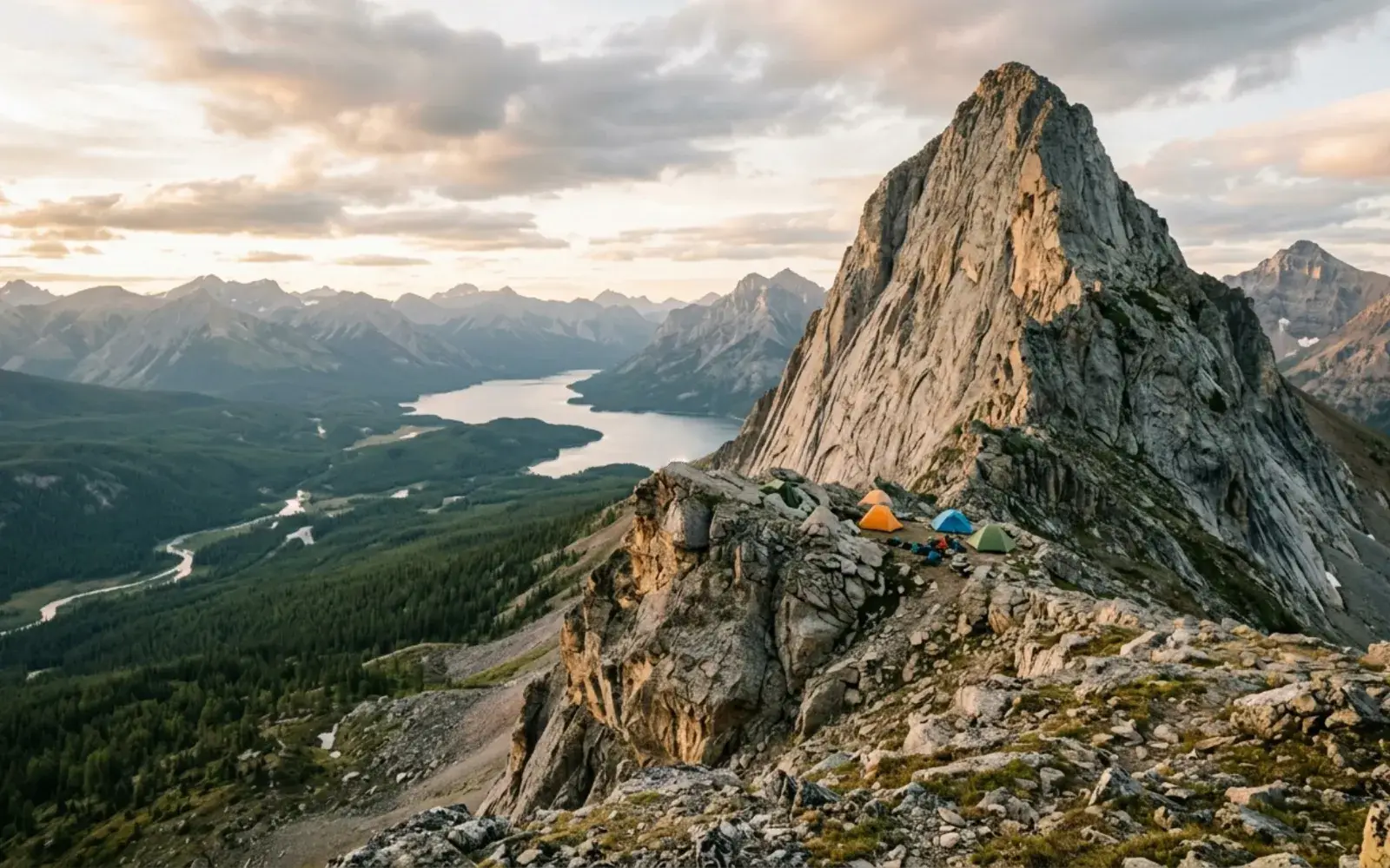 Granite peak above a mountain camp