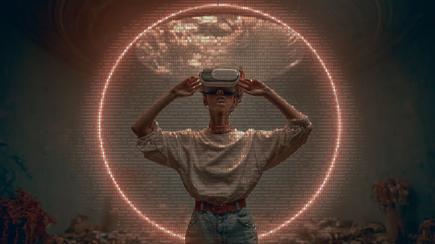 A futuristic concept art image of a young woman looking through VR glasses.