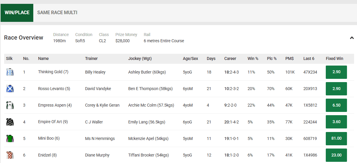 Horse racing section with decimal odds