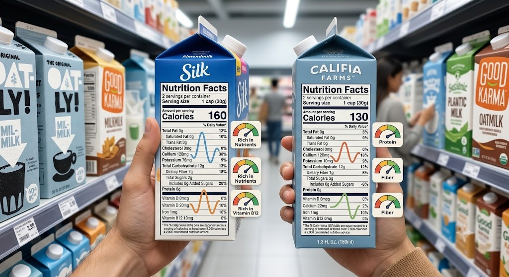 A detailed close-up shot of a shopper's hands holding and comparing the nutrition facts labels of Silk Almondmilk and Califia Farms Oatmilk cartons in a well-lit modern supermarket aisle, highlighting a direct comparison of calories, macronutrients, vitamins, and data-visualization graphs.