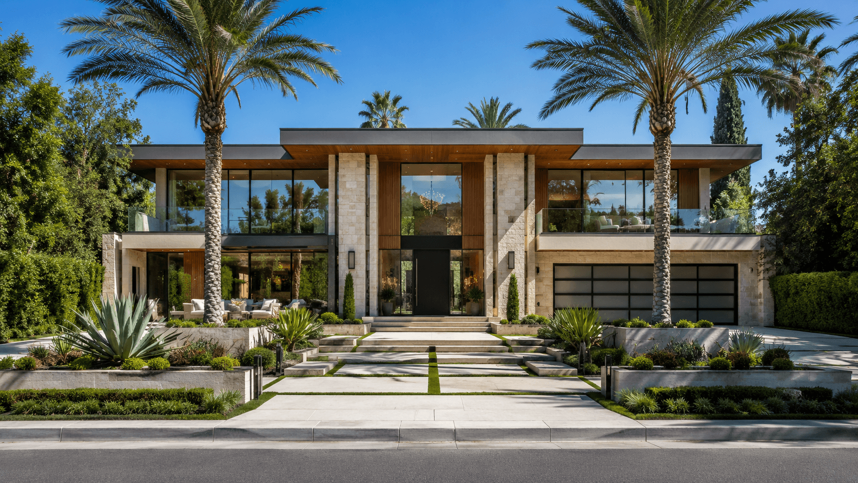 Modern home with palm trees, a stone facade, and a landscaped entrance walkway