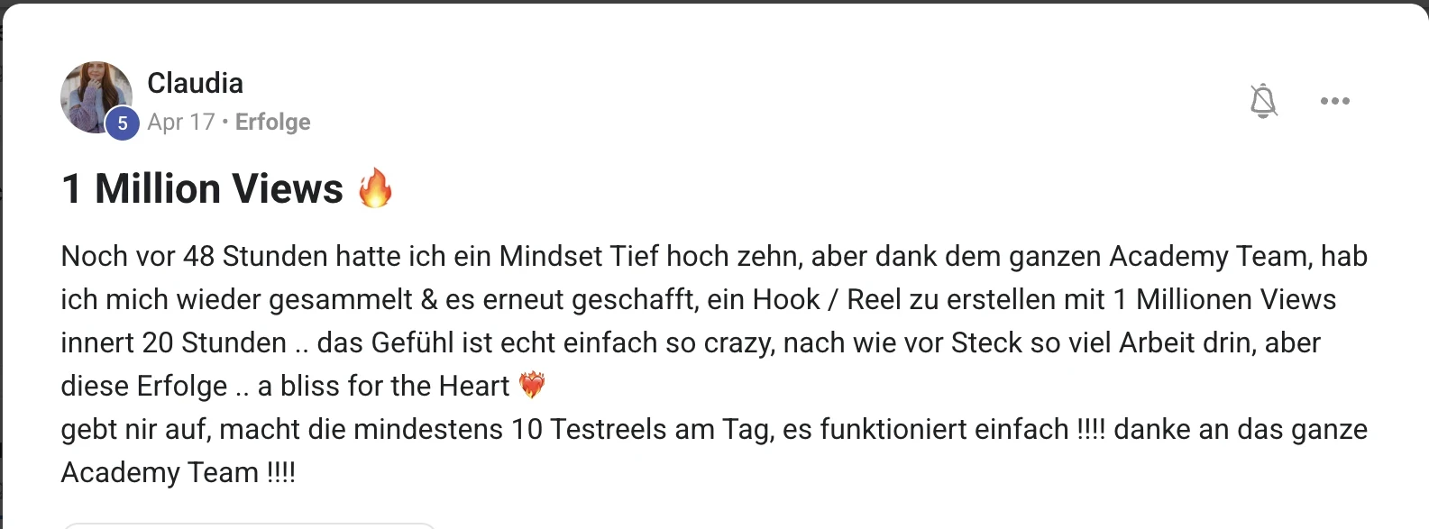 Kundenstimme KI Creator Akademie: Claudias Reel erreicht 1 Million Views in 20 Stunden