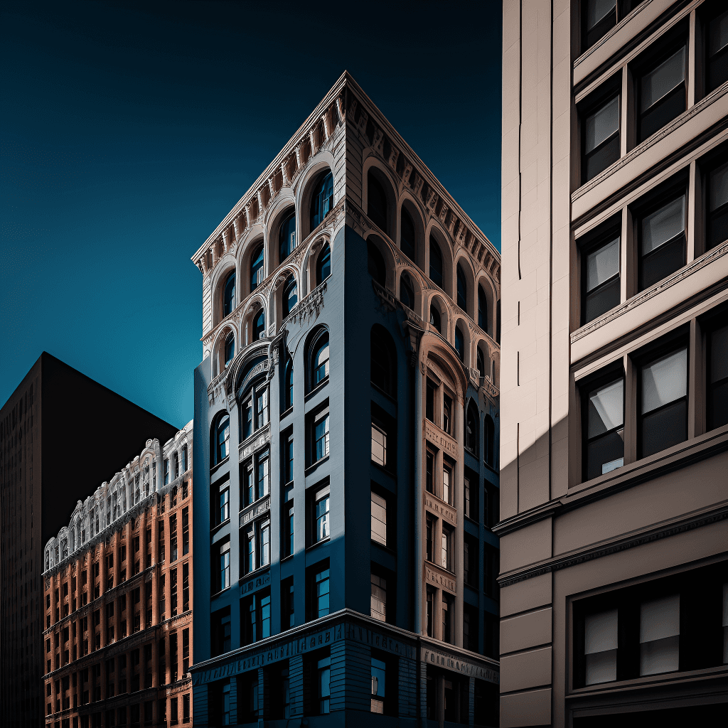 Urban architecture featuring historic buildings with ornate facades shot from a low angle against a blue sky