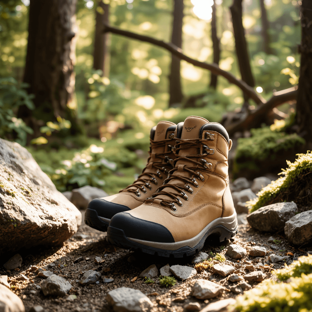 product photography of a pair of hiking boots designed for outdoor activities, featuring a sturdy construction and a high-top design for ankle support.