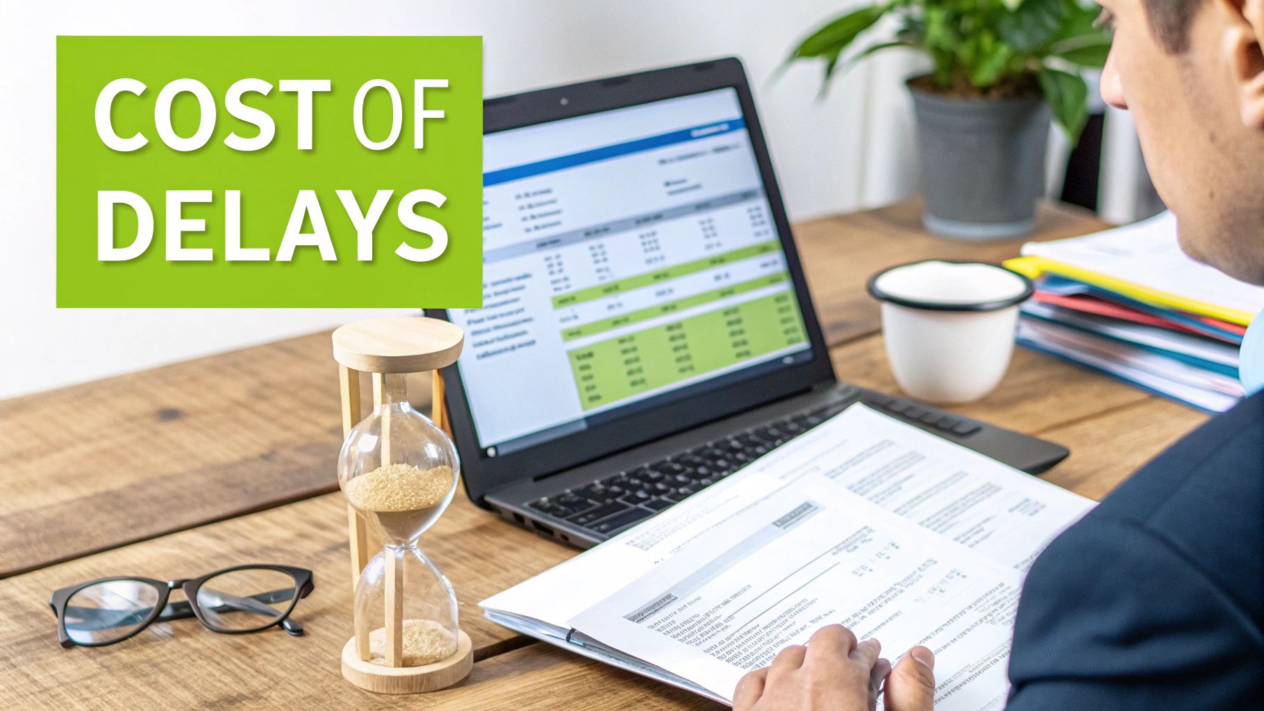 A person works at a desk with a laptop, documents, an hourglass, and a sign 'COST OF DELAYS'.