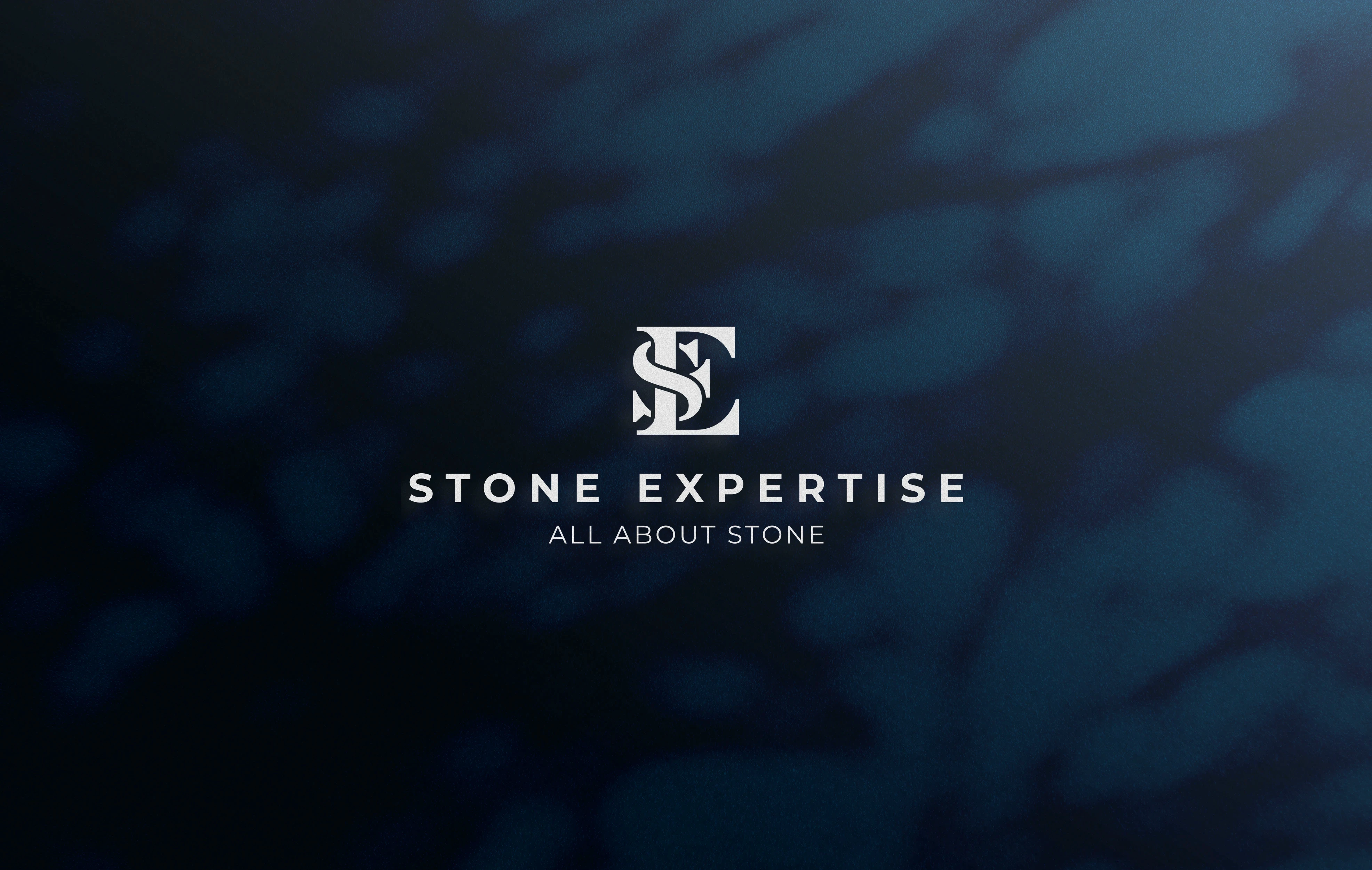 Stone Expertise logo and monogram brand identity on a deep blue textured background, representing a luxury natural stone consultancy and premium architectural materials.