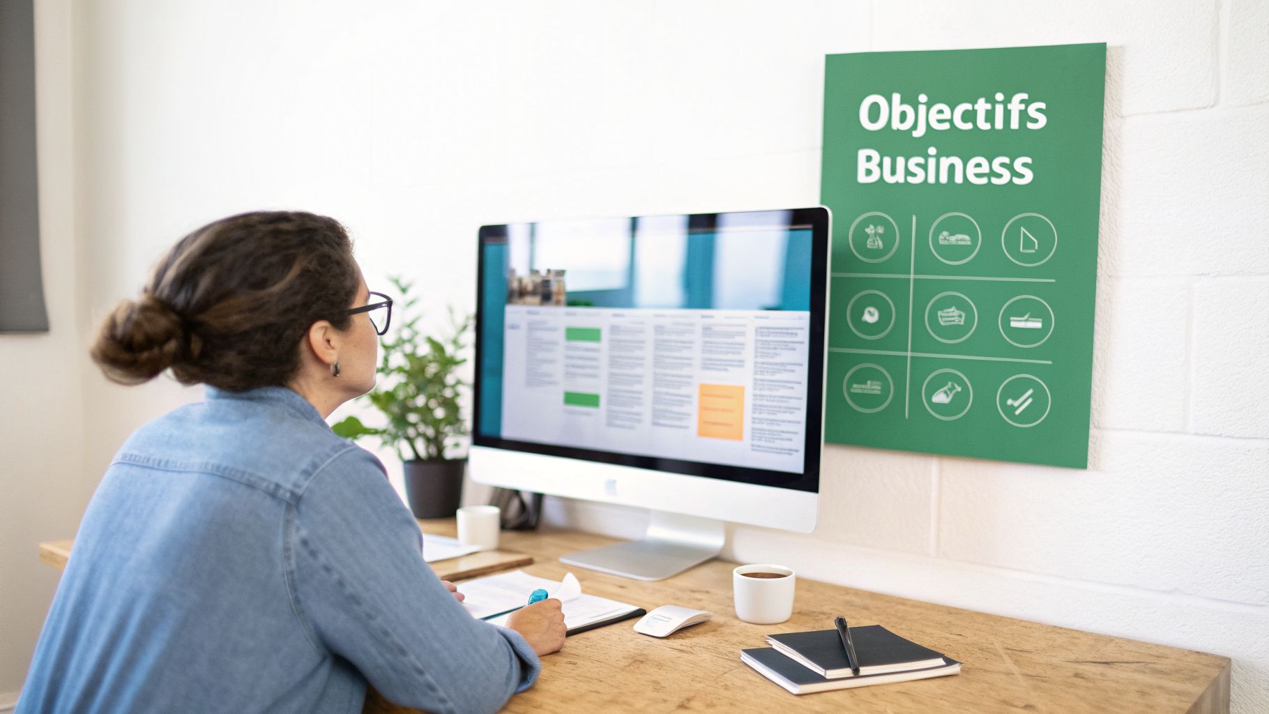 Une femme travaille à son bureau devant un ordinateur, avec un tableau