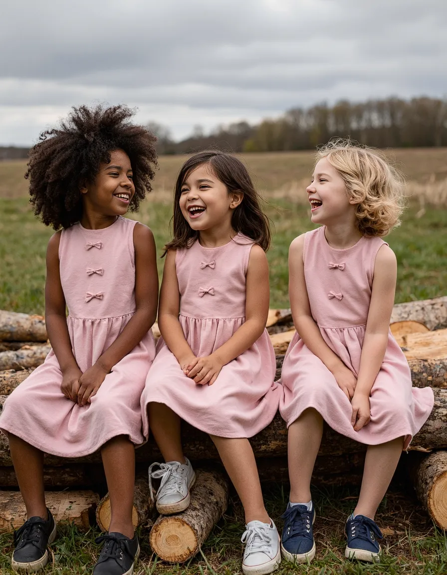 Three children in matching pink dresses sitting on logs in a field, laughing joyfully together under a cloudy sky