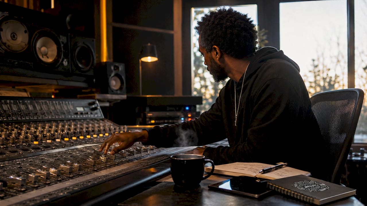 Audio engineer adjusting vocal fader