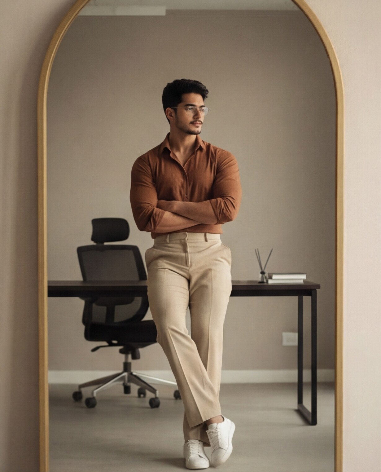 Rust Shirt with Beige Tailored Trousers