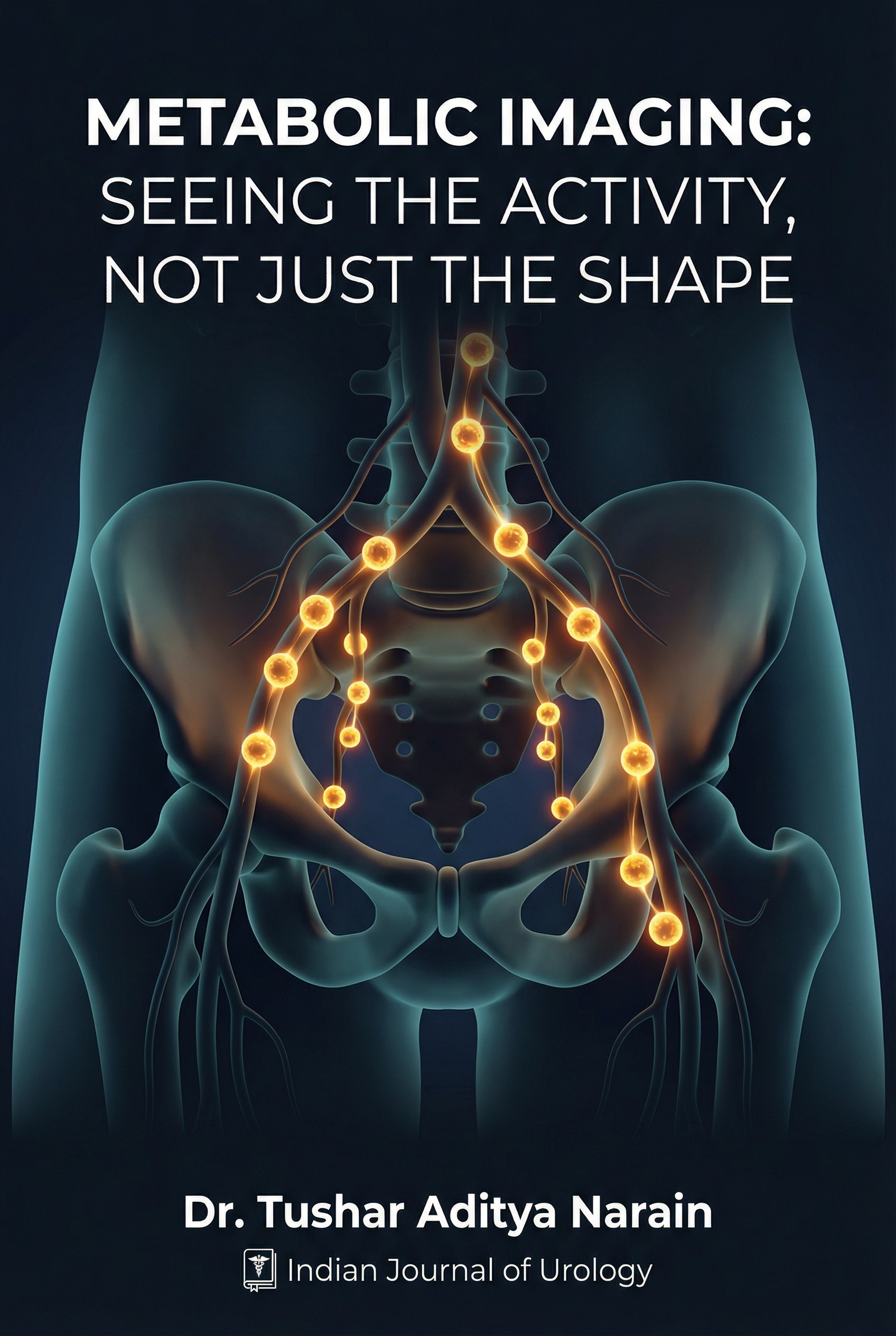 "Metabolic Imaging" नामक प्रकाशन कवर, डॉ. Tushar Aditya Narain द्वारा Indian Journal of Urology में, जिसमें pelvis का 3D anatomical model दिखाया गया है जो cancer diagnostics में metabolic activity को highlight करता है।