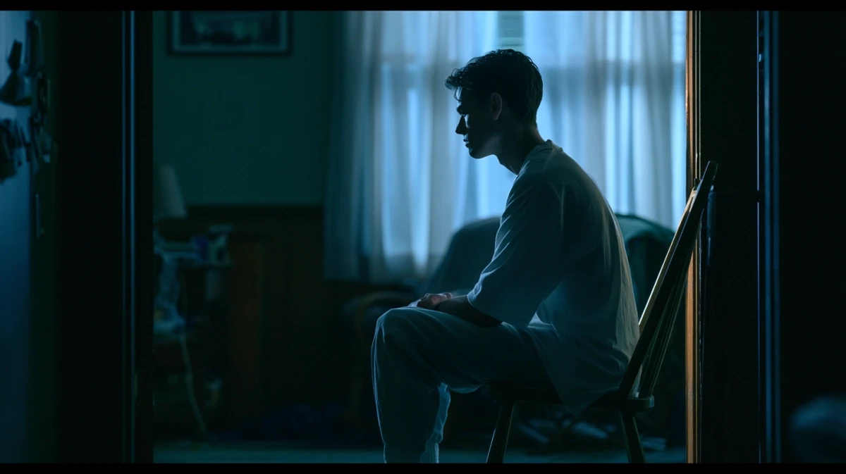 Man slowly turning his head to look around a quiet room while orienting