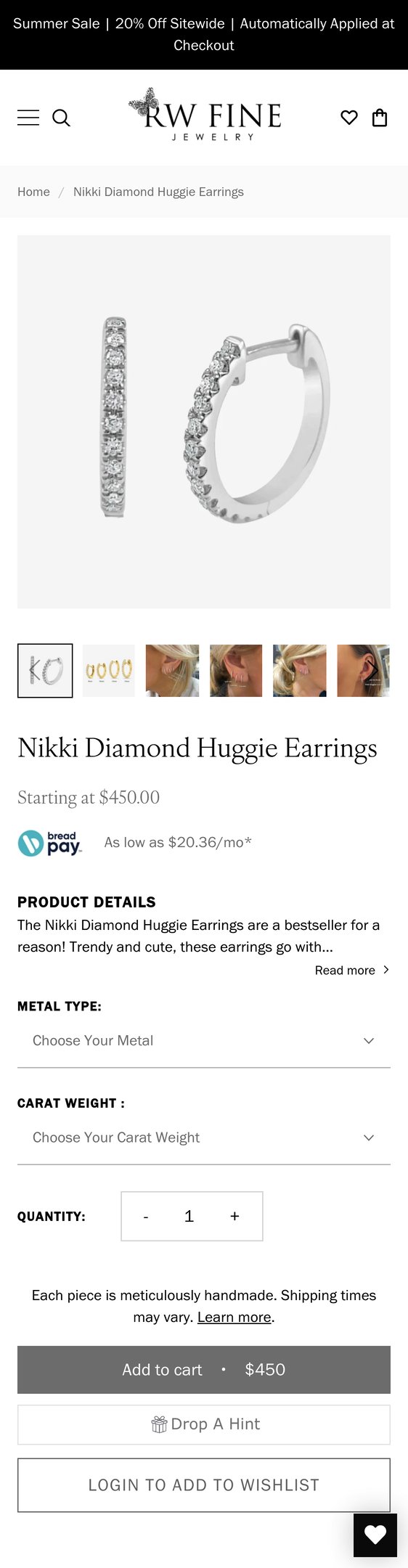 Jewelry product options include: earring for Nikki Diamond Huggie Earrings from RWFJ.