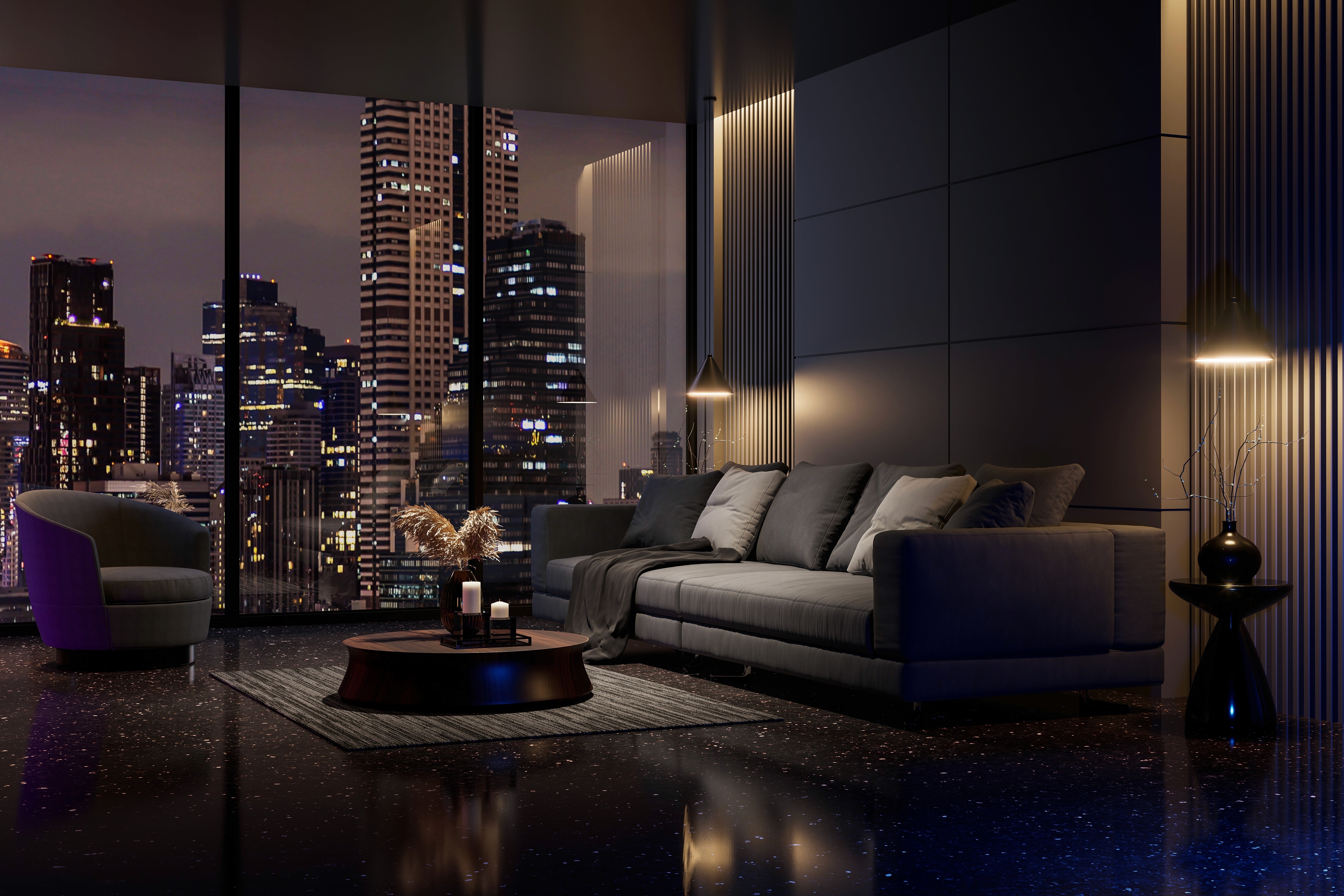 Luxury modern living room with Los Angeles city skyline view at night, featuring a sophisticated and elegant ambiance to get in contact with Courtney Palmore, Barber.CLP, West Hollywood barber