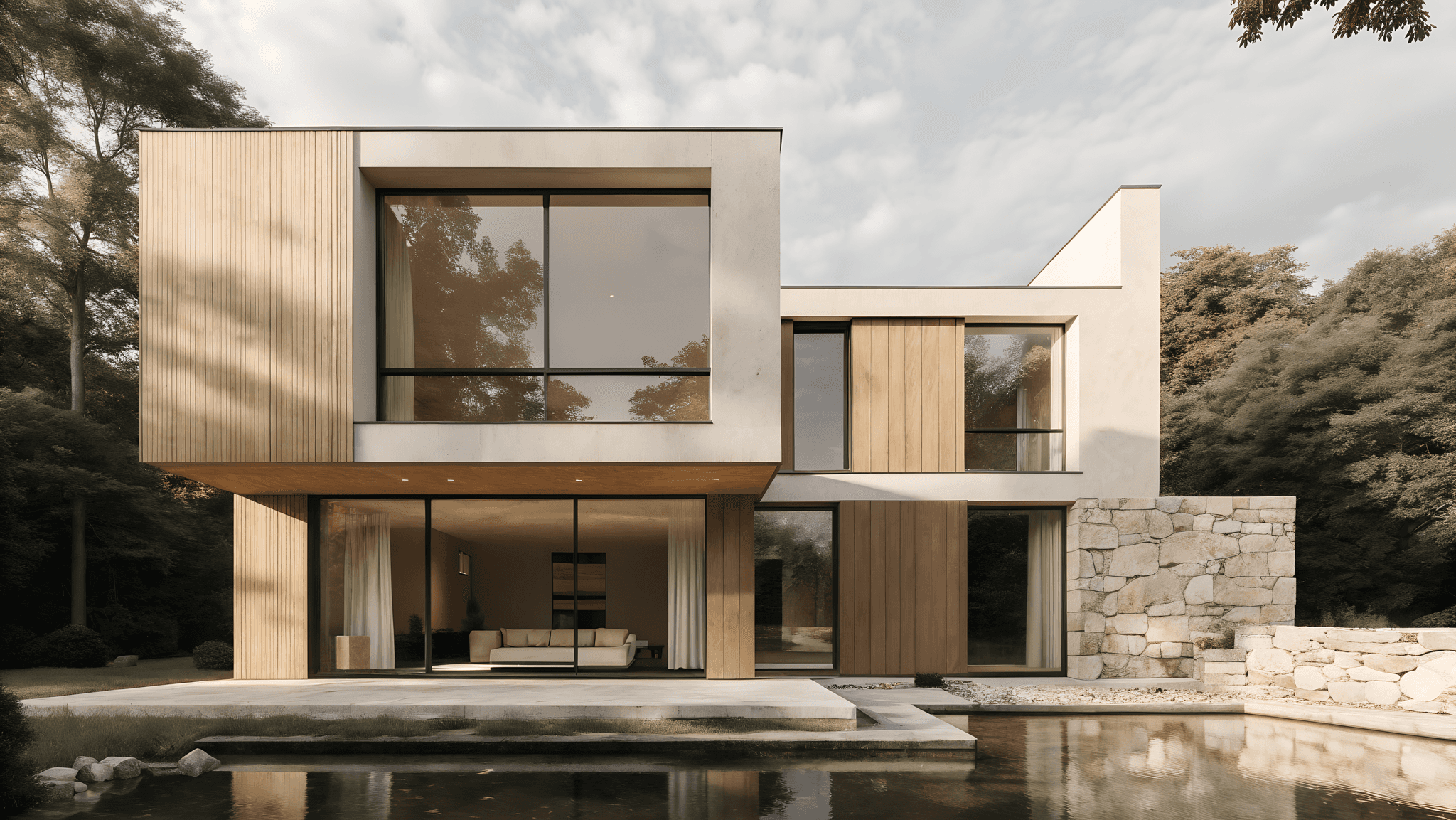 Modern two-story home with large windows, a wooden exterior, and a spacious deck, set in a lush green landscape.