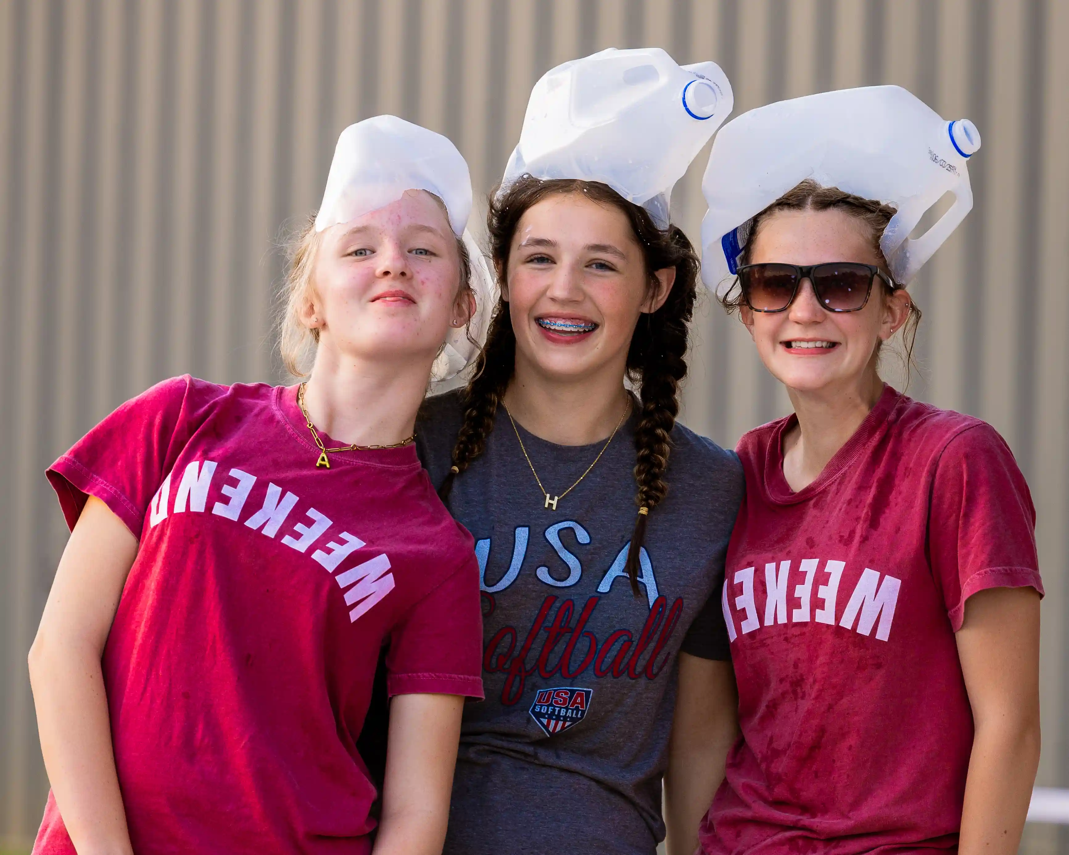 Girls take a funny photo during outdoor game