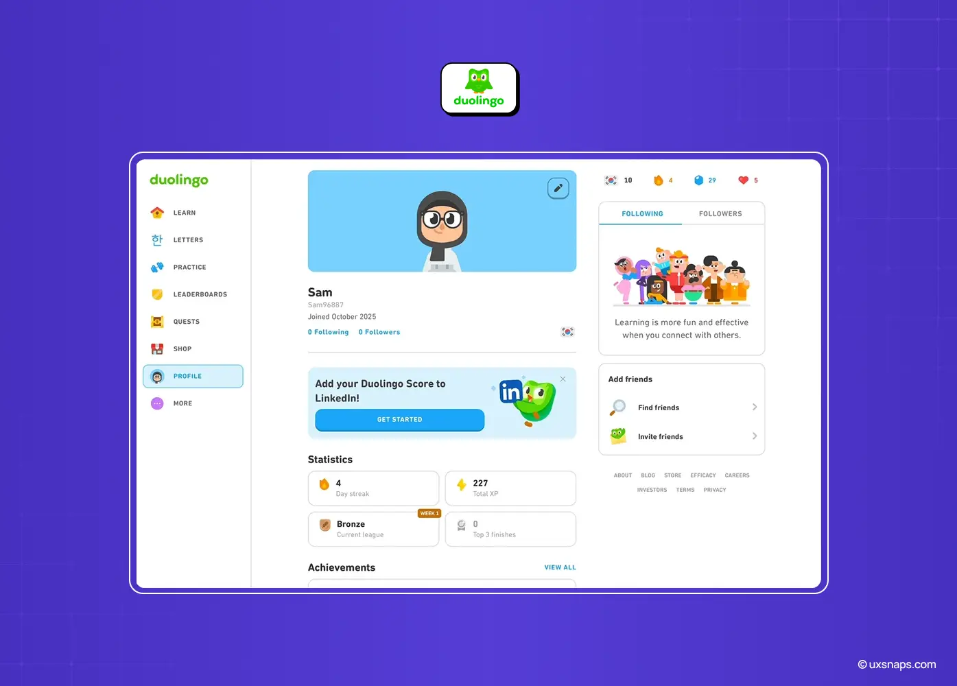 A Duolingo profile displaying learning progress, achievements, social features, and gamification elements that encourage continued engagement.