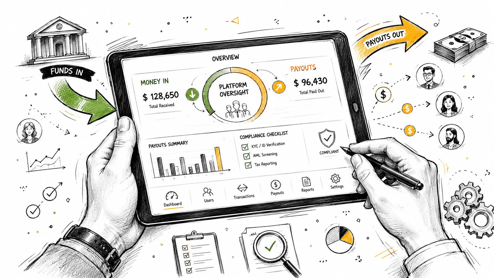 A digital illustration of hands holding a tablet displaying a financial dashboard for managing platform payouts and compliance.