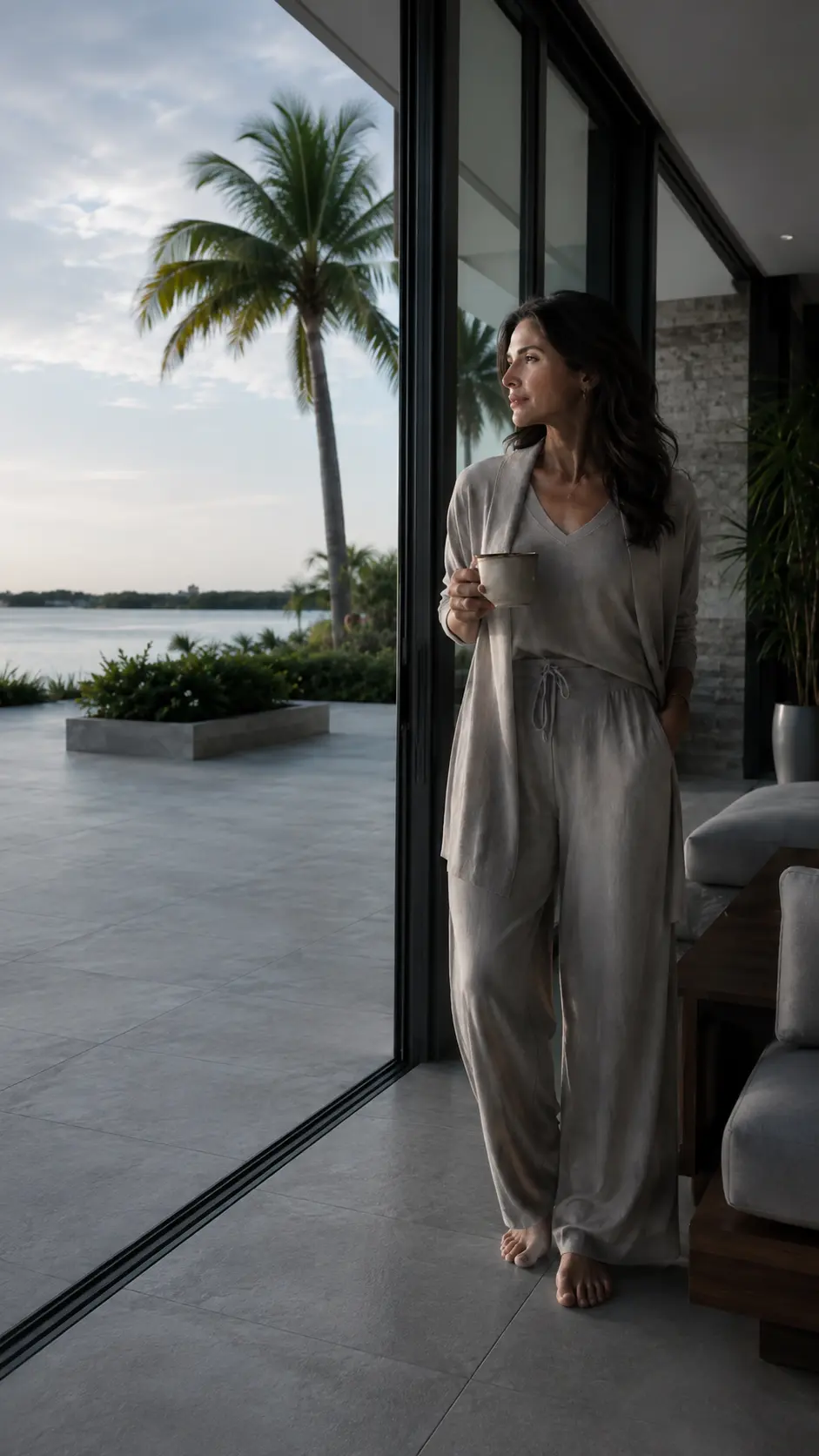 Woman standing at a glass door holding a mug