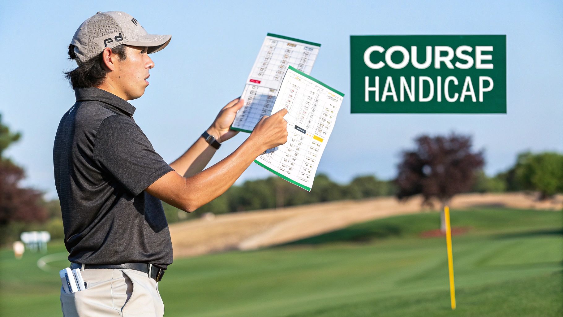 A golfer on a course studies scorecards or handicap sheets with a 'COURSE HANDICAP' sign.