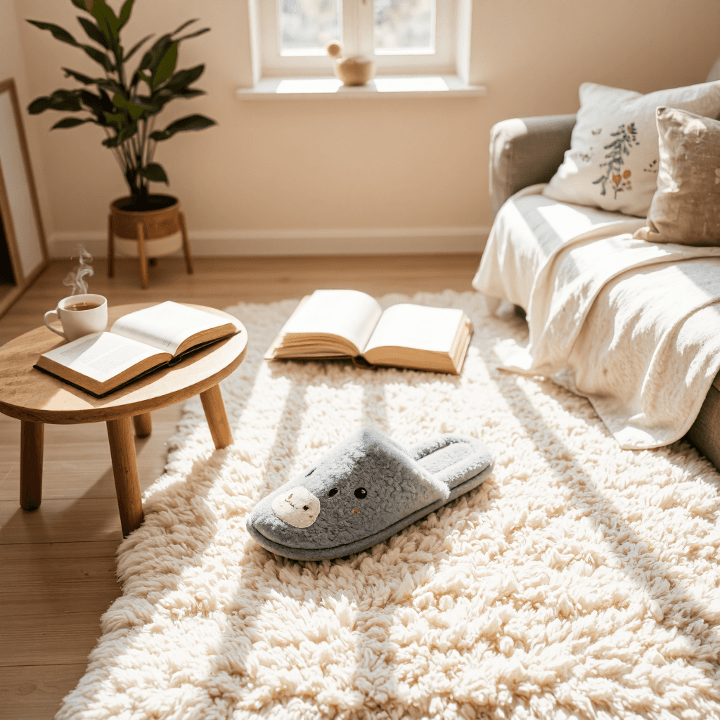 product photography of a pair of gray house slippers with cartoon animal print