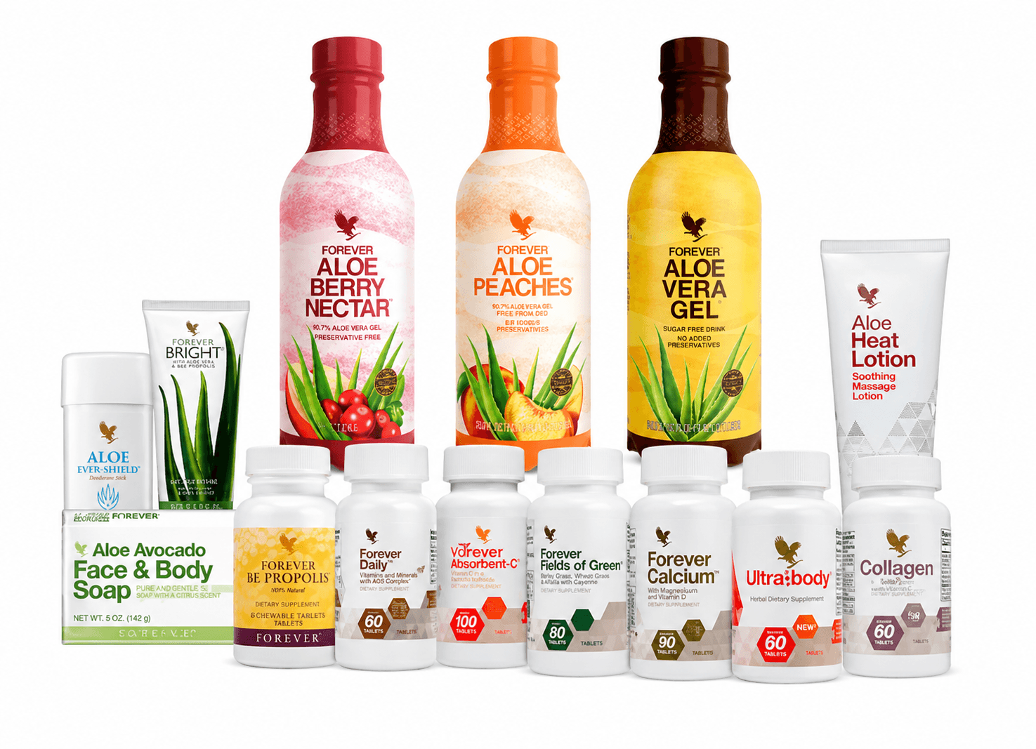 Coleção de produtos do pack Fast Start da Forever Living, o kit inicial mais completo com os best-sellers da marca para novos empreendedores.