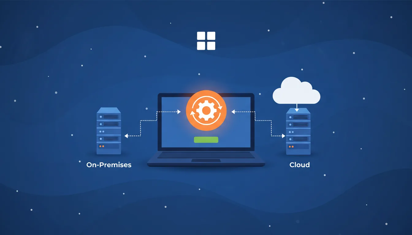 A flat vector illustration of a technology data visualization diagram. In the center is a dark blue laptop, viewed head-on. The laptop screen shows a large, vibrant orange circular icon with a white gear symbol and two circling arrows. Below this is a green button UI element. To the left of the laptop is a stylized on-premises server rack, and to the right is another server rack under a large cloud icon. White dashed lines with arrows connect both server setups to the laptop. A simple white four-pane window icon is centered at the top. The background is a deep blue with subtle, wavy, layered patterns and small floating dots. The overall style is a clean, modern infographic with a blue monochromatic color scheme and orange and green as accent colors, featuring soft shadows for a slight 2.5D effect.