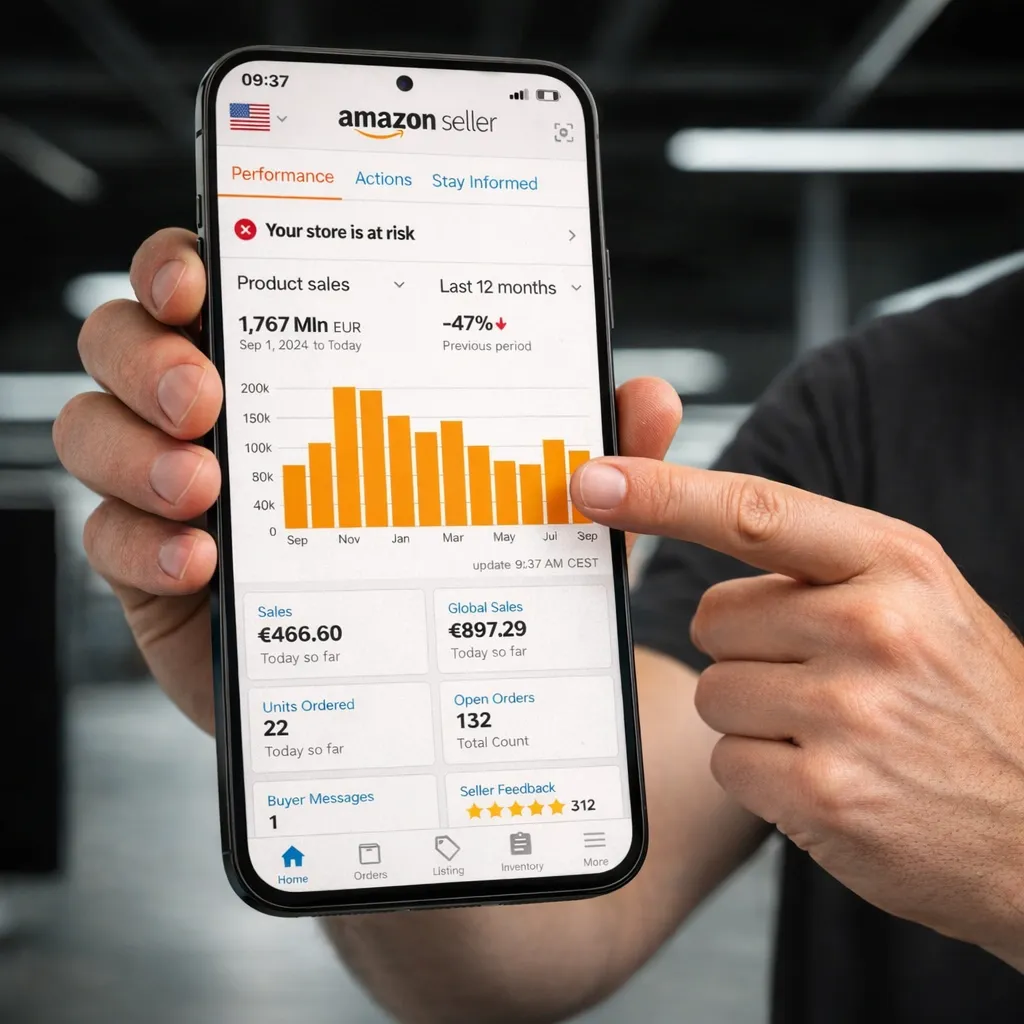 A person's hands holding a smartphone and showing Amazon Seller Central dashboard details