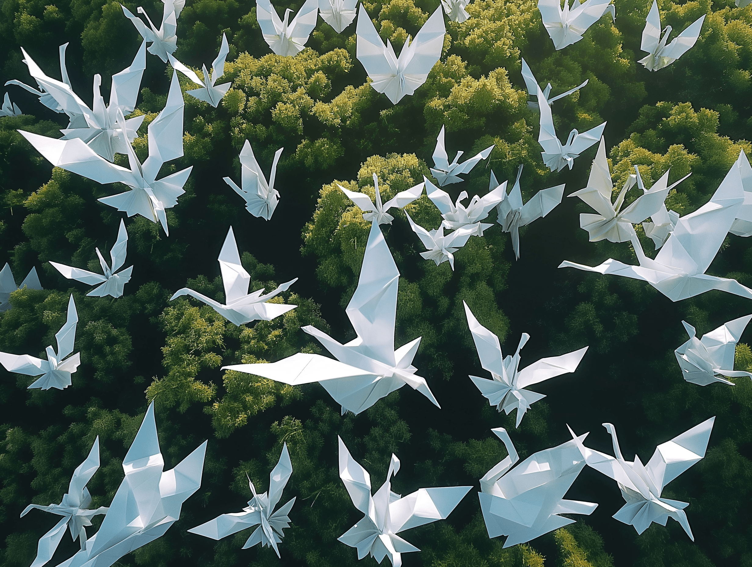 Aerial footage shows thousands of white paper origami swans flying over bushes in the style of an early 20th century video game. The swans are made of construction paper and folded origami with a black background. In an outdoor garden setting. The photo was taken from above looking down into the camera --v 6.0 --ar 4:3