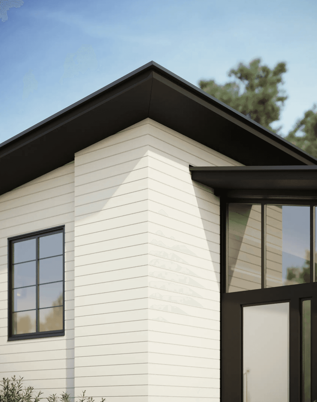 Hardie Artisan Lap Siding with modern black windows and cornice