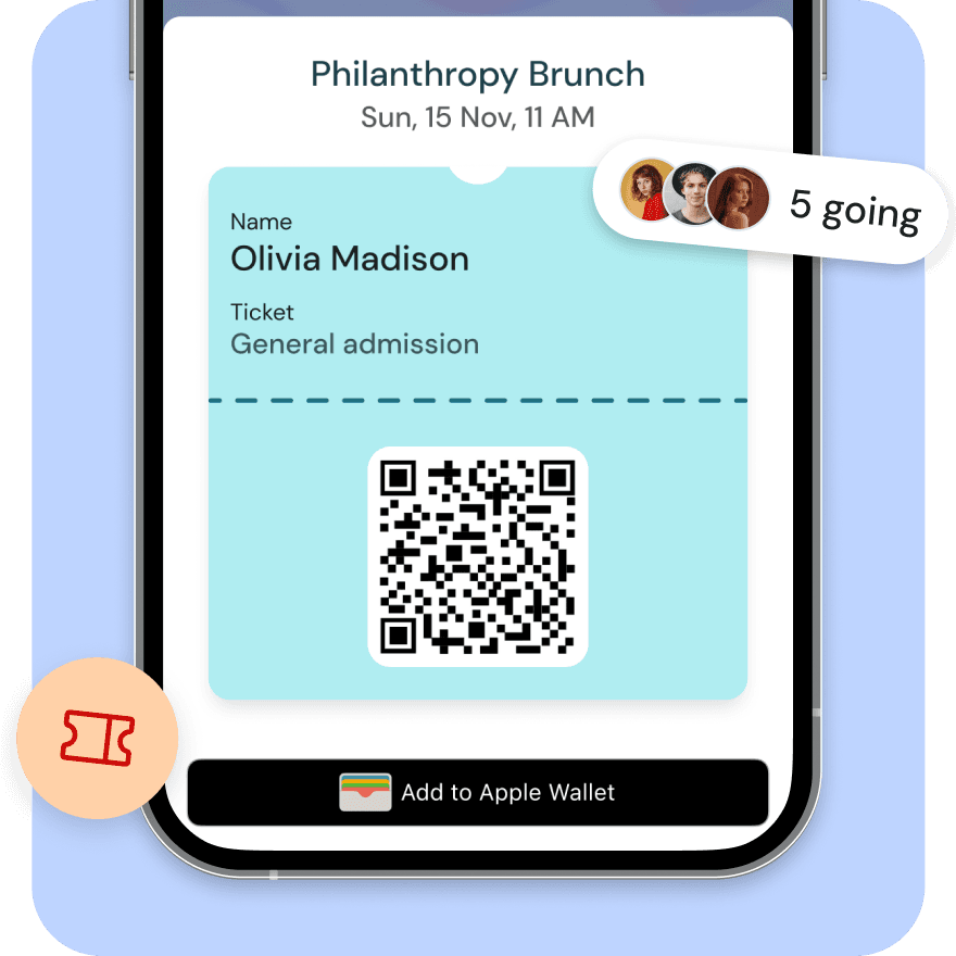 Lounge app screen for campus event registration and ticketing, displaying attendance and event details for student organizations