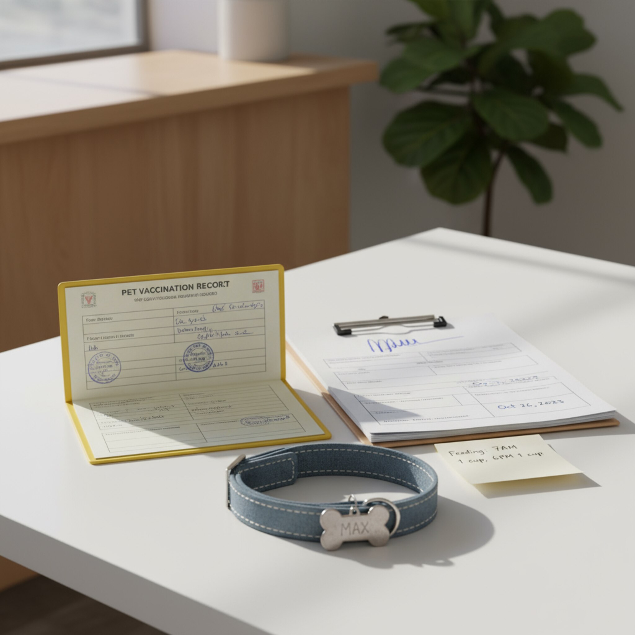 Auf einem weißen Tisch liegen ordentlich ein Impfpass, ein unterschriebener Formularsatz und eine kleine Notiz mit Fütterungszeiten. Ein Halsband mit Anhänger liegt daneben. Das Tageslicht betont die klare Ordnung. Die Atmosphäre ist gewissenhaft, ruhig und vertrauensvoll.